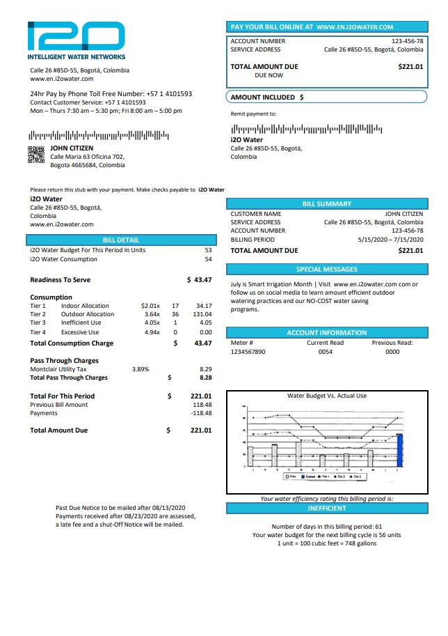 Colombia i2O Water utility bill
